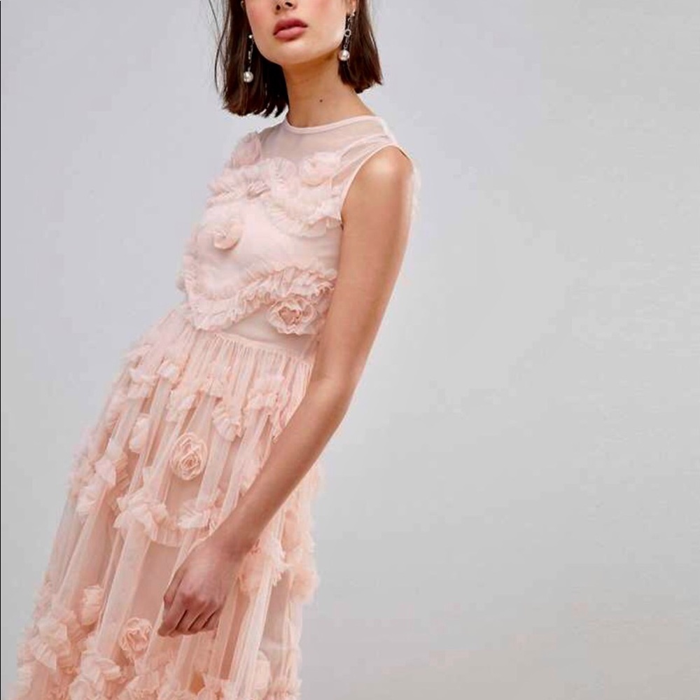 ISO Asos lace & beads 3D tulle rosette midi dress